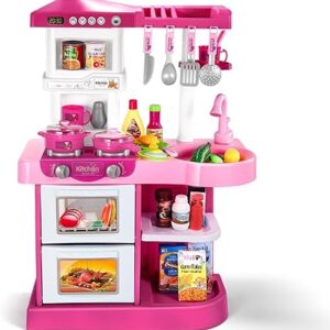 Temi Play Kitchen Playset Pretend Food - 53 PCS Pink Kitchen Toys for Toddlers, Toy Accessories Toddler Set w/Real Sounds and Light, Toddler Outdoor Playset for Kids, Girls & Boys