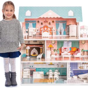 ROBUD Wooden Dollhouse for Kids Girls, Toy Gift for 3 4 5 6 Years Old, with Furniture